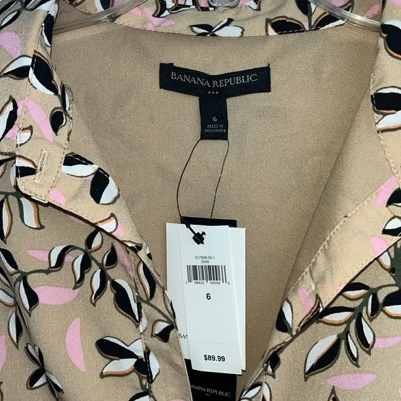 Banana Republic Tan Printed Ruffle Sleeve Shirt Dress Size 6 NWT - Picture 10 of 14